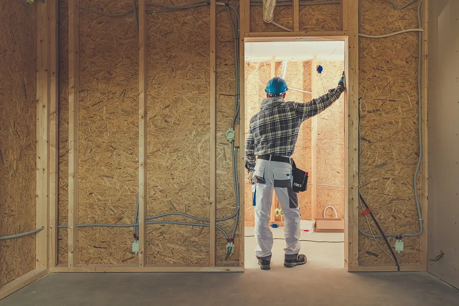 Frame van een nieuwe binnenwand met leidingwerk, voordat de gipsplaat erop gaat
