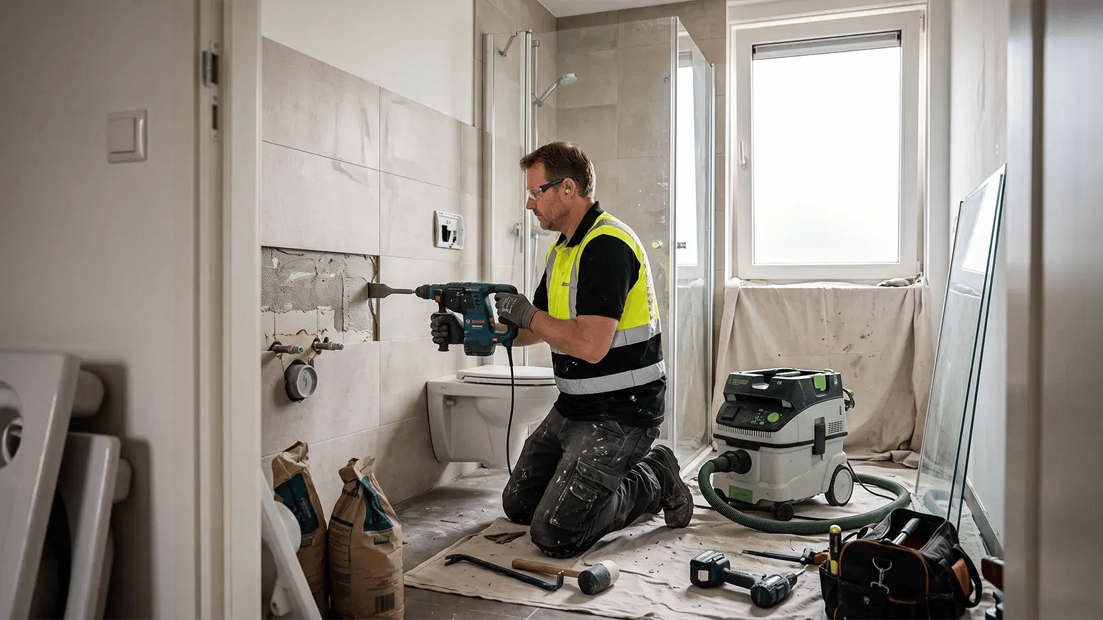 Vakman verwijdert wandtegels in een badkamer met een breekhamer en stofafzuiging in Groningen