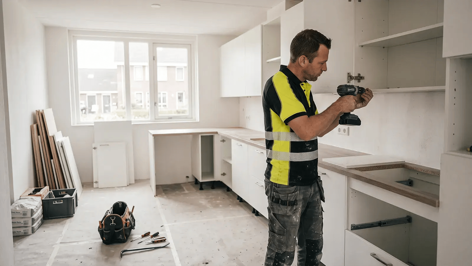 Vakman monteert keukenkastjes in een woning in Groningen