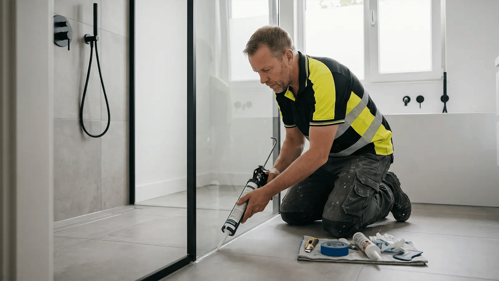Vakman brengt nieuwe kitrand aan langs een douchewand in een badkamer in Groningen