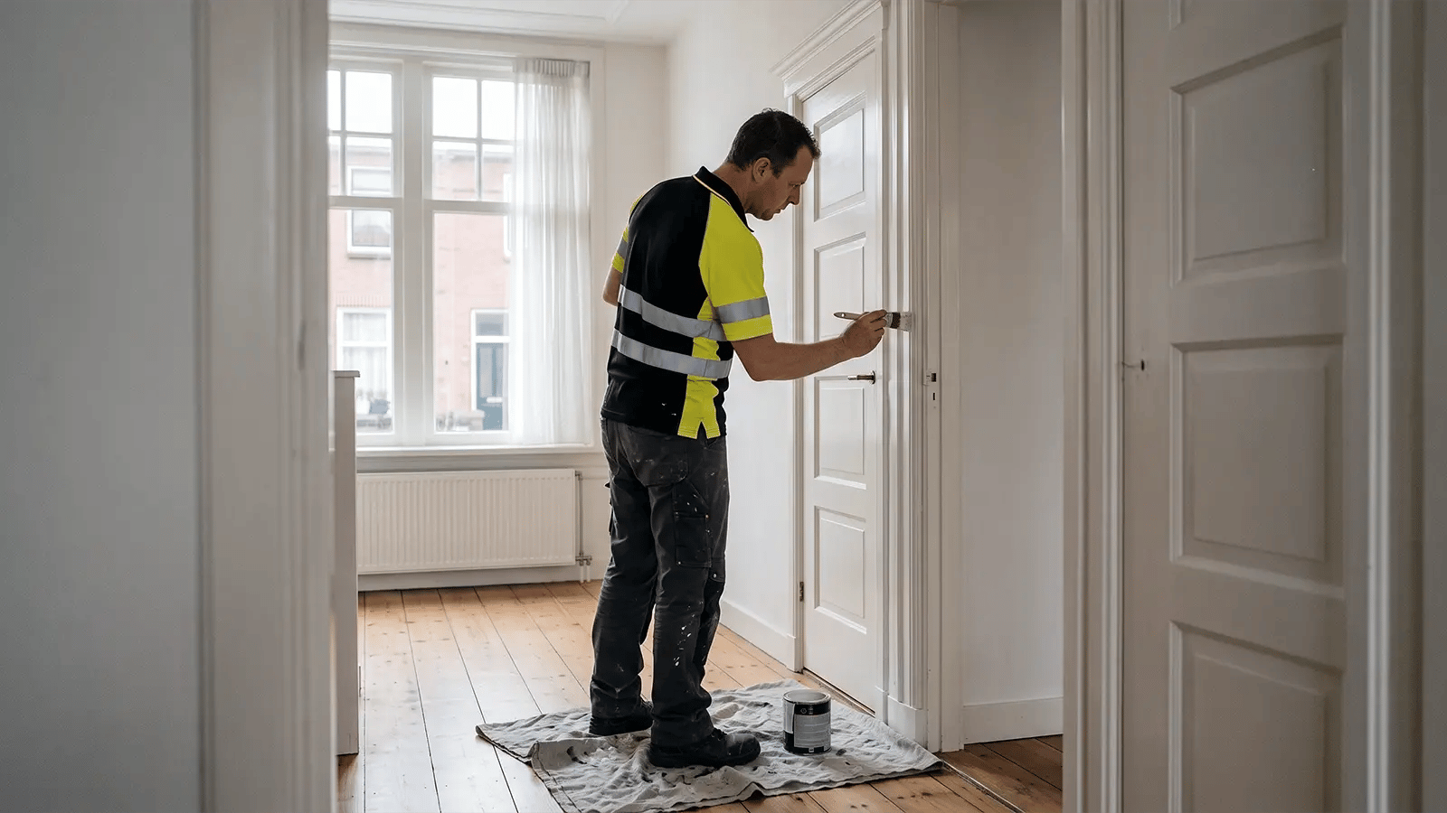 Schilder werkt het kozijn van een paneeldeur bij in een oude woning in Groningen
