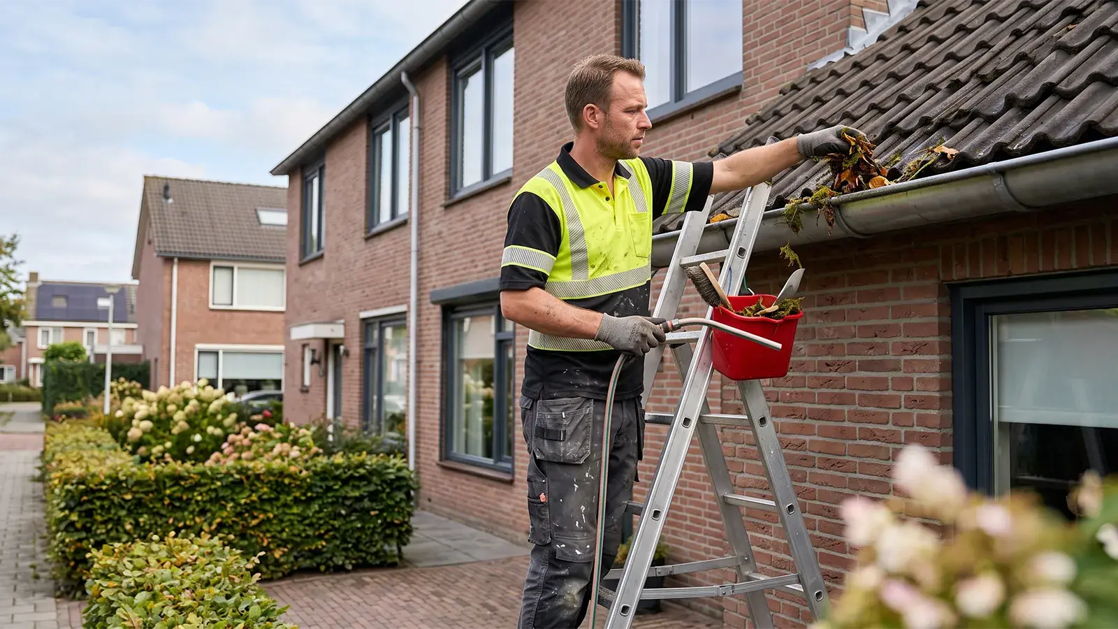 Vakman haalt blad en mos uit de dakgoot van een woning in Groningen