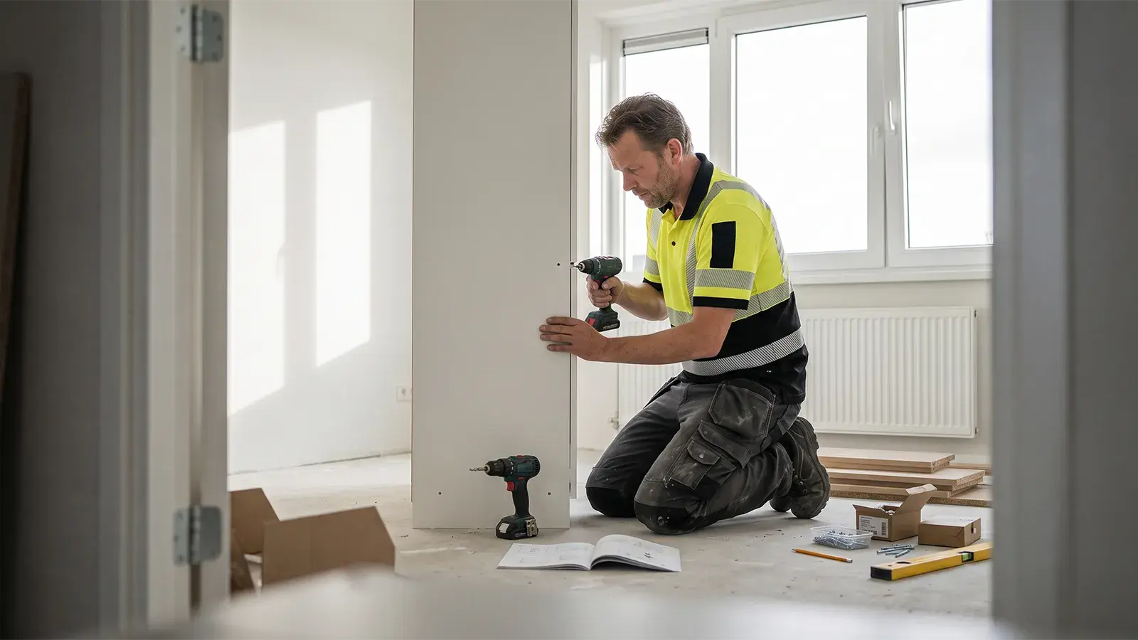 Klusjesman monteert een kast in een lege woonkamer in Groningen